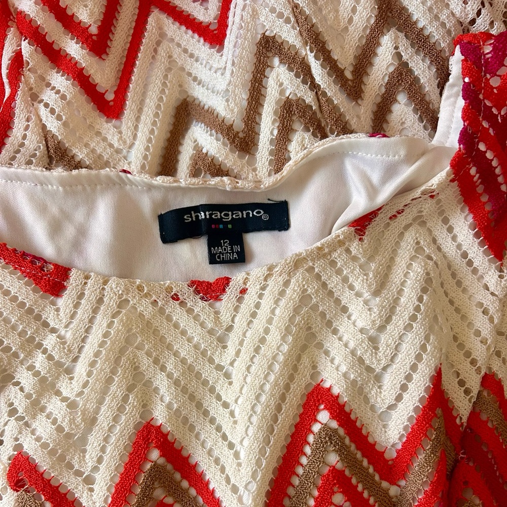 Sharagano Crochet Midi Dress Chevron Red Cream Italy Coastal Travel Vacay Boho - Picture 13 of 15